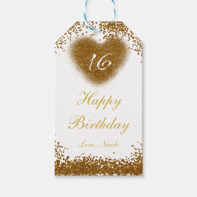 Gold Glitter Spill Sweet 16 Heart Gift Tag (Front)