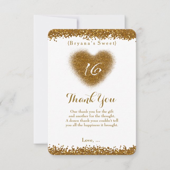 Gold Glitter Spill Sweet 16 Heart Thank You Card (Front)