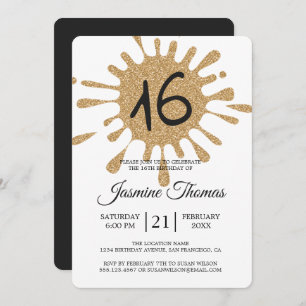 Gold Glitter Splash Sweet 16 16th Birthday Party Invitation