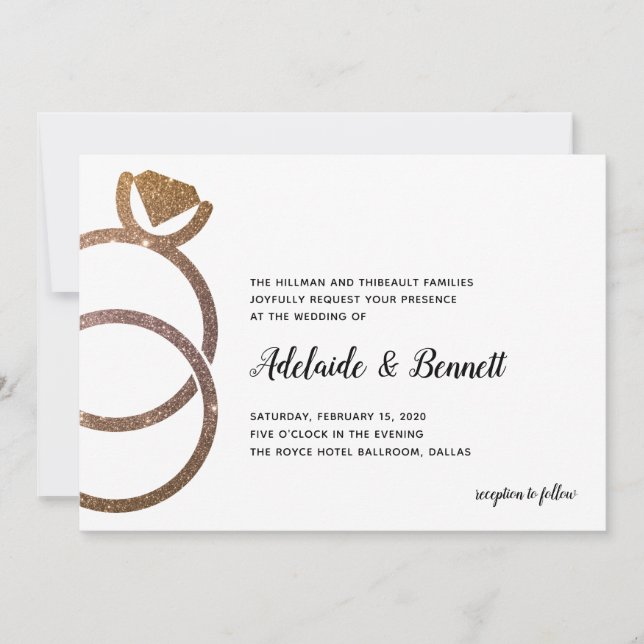Gold Glitter Stacked Rings Modern Wedding Invitation (Front)