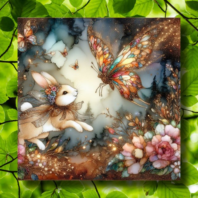 Gold Glitter Stained Glass Bunny Butterfly Easter  Holiday Card (Creator Uploaded)