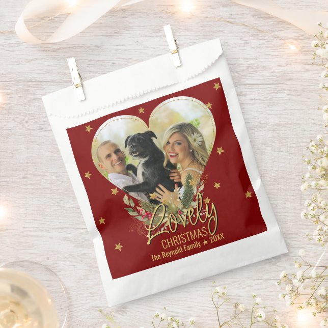 Gold Glitter Star Heart Photo Lovely Christmas Red Favor Bag (Clipped)