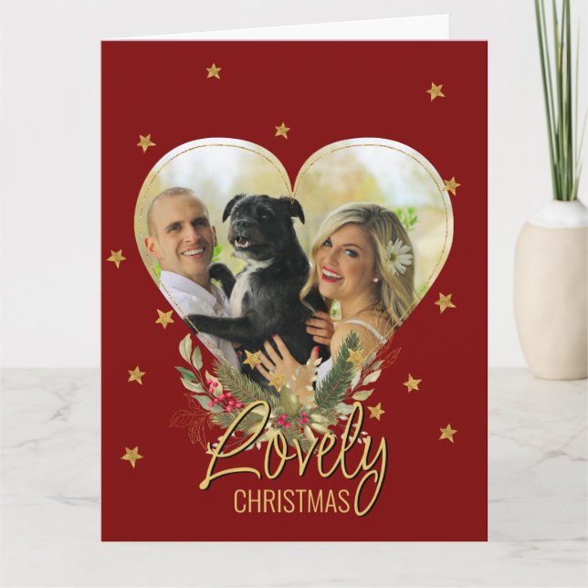 Gold Glitter Star Photo Heart Lovely Christmas Red Card (Front)