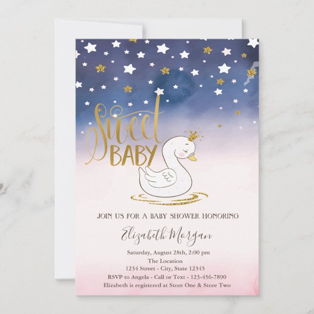 Gold Glitter Star,Swan Baby Shower Invitation (Front)