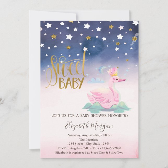 Gold Glitter Star,Swan Baby Shower Invitation (Front)