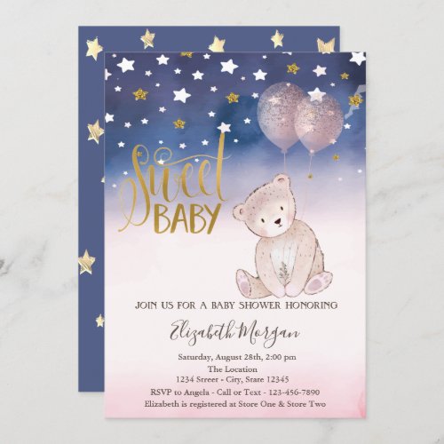 Gold Glitter StarTeddy Bear Balloons Baby Shower  Invitation