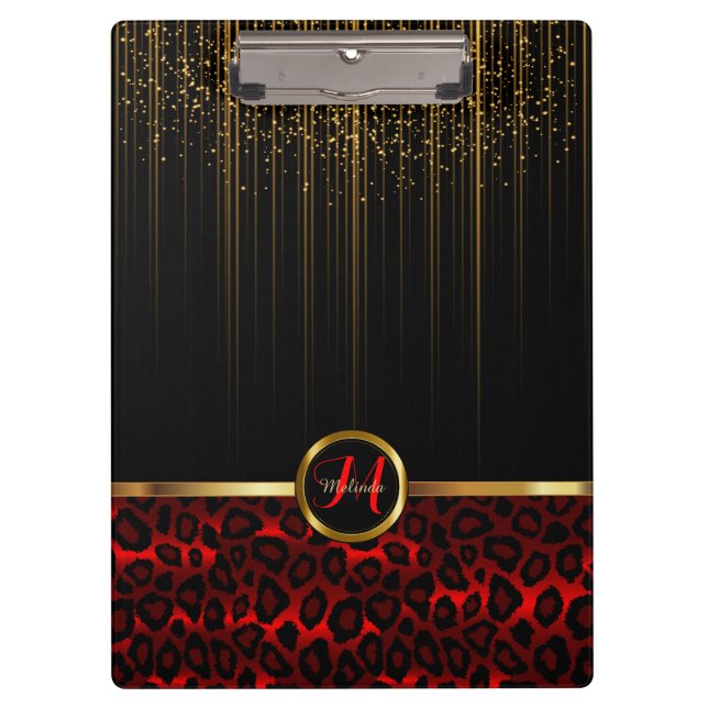 Gold Glitter Starlights & Red Leopard Skin Design Clipboard (Front)