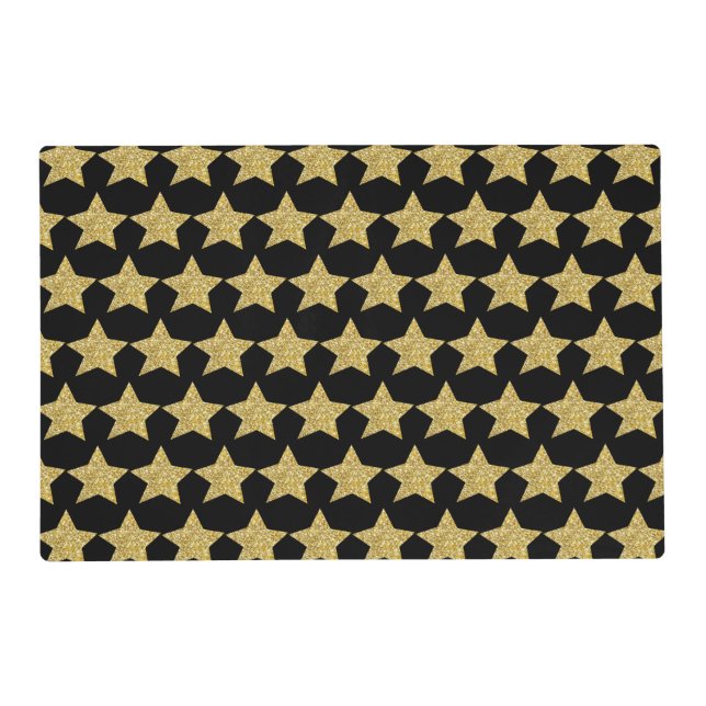 Gold Glitter Stars Black Placemat (Front)