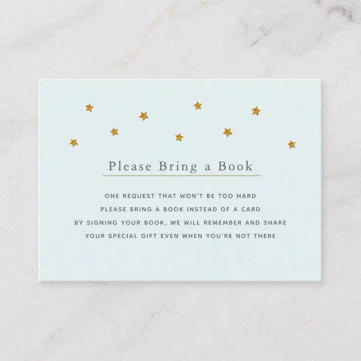 Gold Glitter Stars Blue Please Bring a Book Card | Zazzle