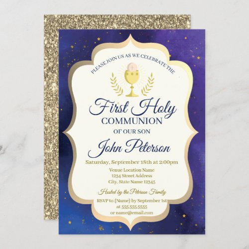 Gold GlitterStarsChalice First Holy Communion  Invitation