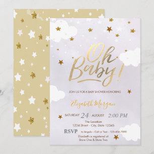Gold Glitter Stars Clouds Lavender Baby Shower  Invitation