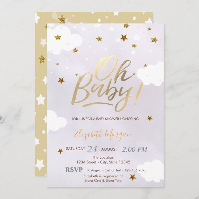 Gold Glitter Stars Clouds Lavender Baby Shower  Invitation (Front/Back)