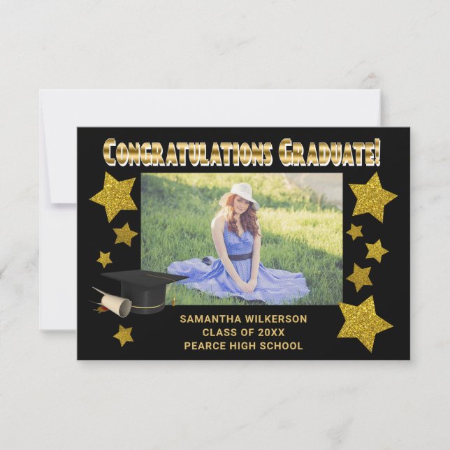 Gold Glitter Stars Congratulations Graduate Photo  Note Card (Front)