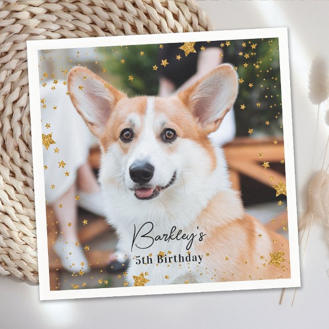 Gold Glitter Stars Custom Photo Pet Dog Birthday Napkins (Creator Uploaded)