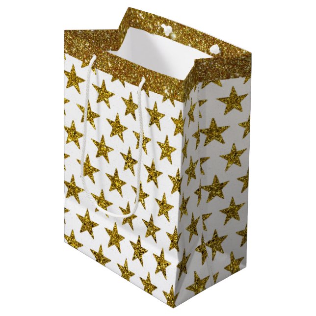Gold glitter stars  medium gift bag (Front Angled)