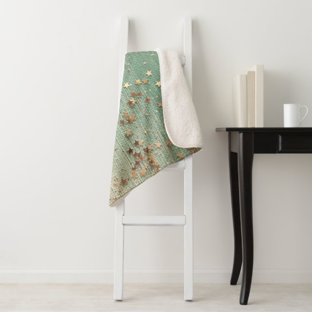 Gold Glitter Stars on  Green Burlap Sherpa Blanket (In Situ)