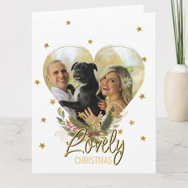 Gold Glitter Stars Photo Heart Lovely Christmas Card (Front)