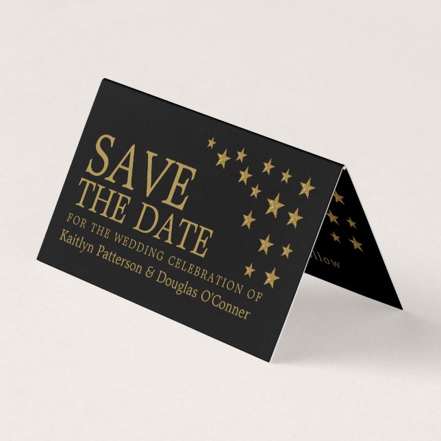 Gold Glitter Stars Photo Save The Date Card (Front)