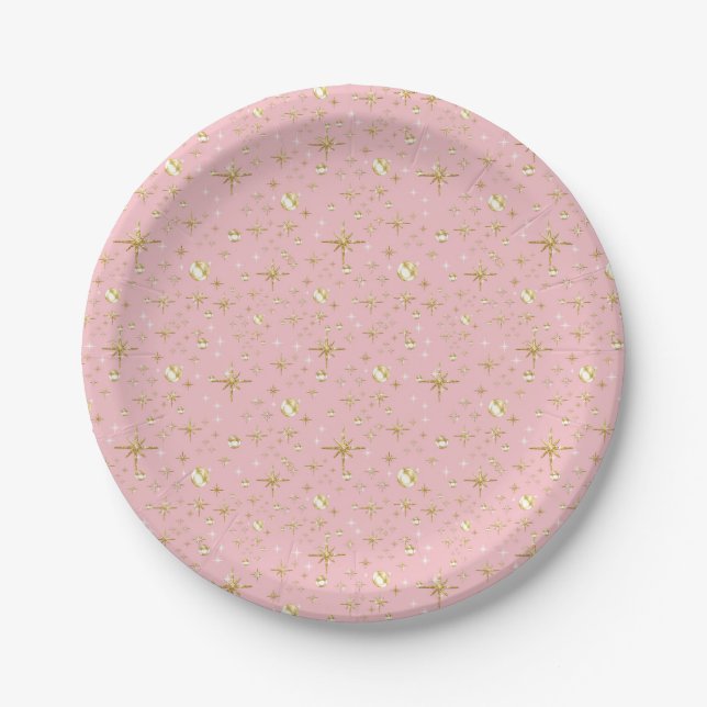 Gold glitter stars, pink and gold paper plates (Front)