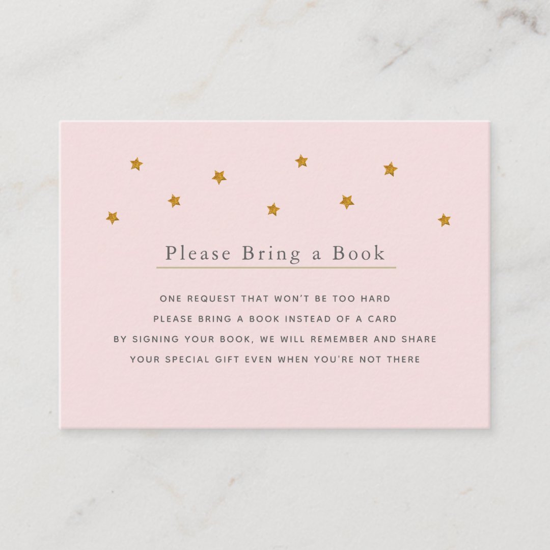 Gold Glitter Stars Pink Please Bring a Book Card | Zazzle