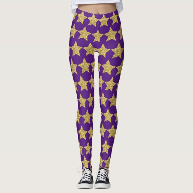 Gold Glitter Stars Purple Leggings (Front)