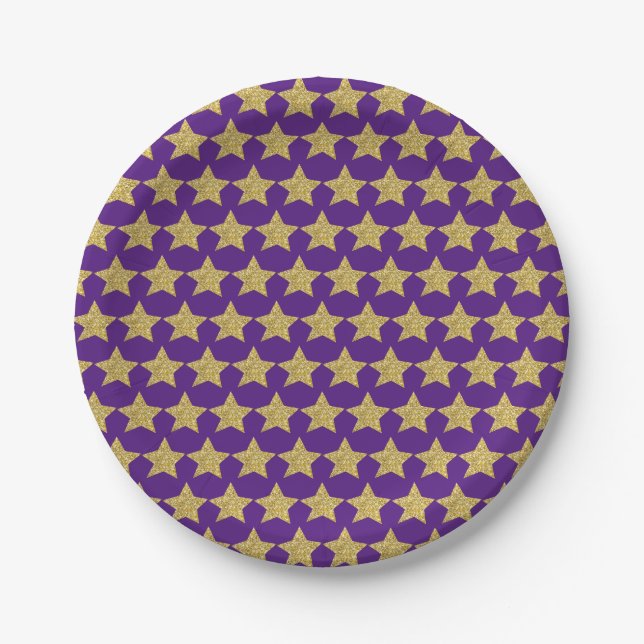 Gold Glitter Stars Purple Paper Plates (Front)