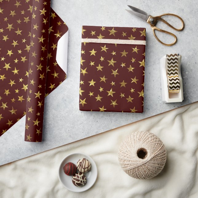 Gold Glitter Stars Red Holiday Wrapping Paper (Crafts)