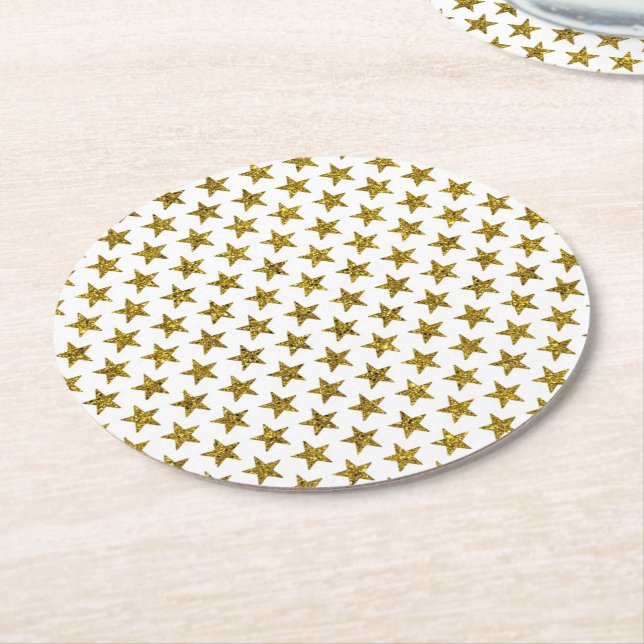 Gold glitter stars  round paper coaster (Angled)