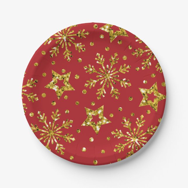 Gold Glitter Stars & Snowflakes Paper Plates (Front)