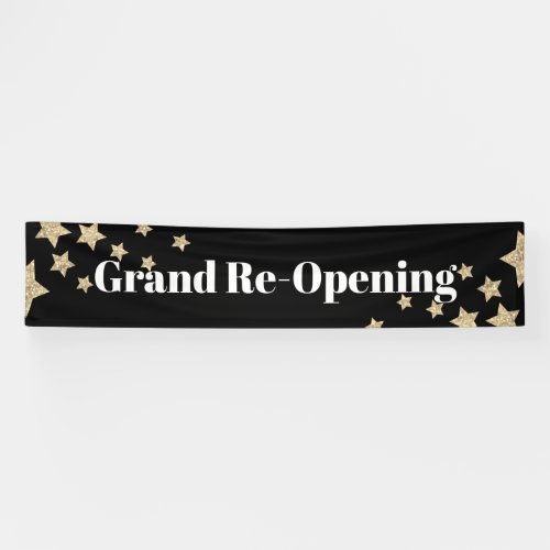 Gold Glitter Stars Sparkle Grand Re_opening Black Banner