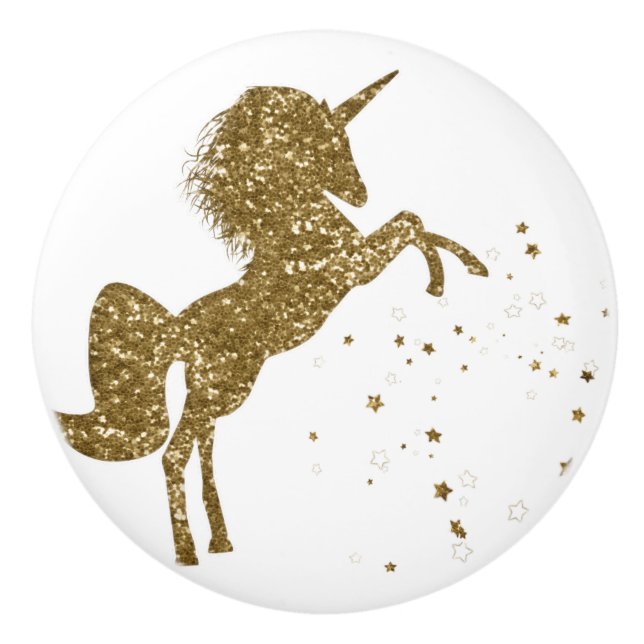 Gold Glitter Stars Unicorn Magical Sparkle Fantasy Ceramic Knob (Front)