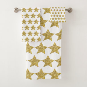 Gold Glitter Stars White Bath Towel Set