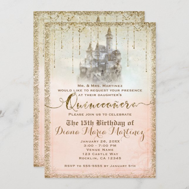 Gold Glitter Storybook Castle 15 Quinceañera Photo Invitation (Front/Back)