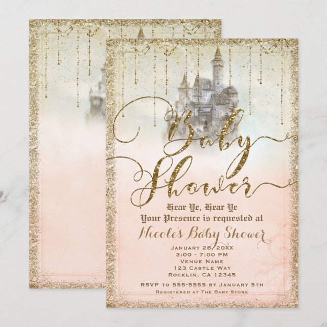 Gold Glitter Storybook Castle Baby Shower Invitation (Front/Back)