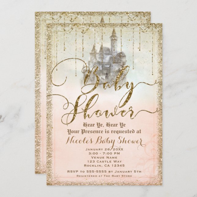 Gold Glitter Storybook Castle Baby Shower Invitation (Front/Back)