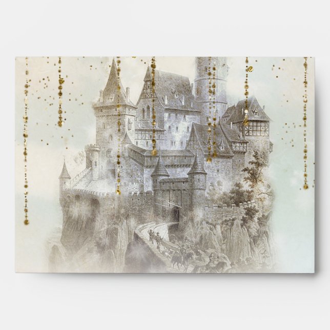 Gold Glitter Storybook Castle Birthday Party Envelope (Front)