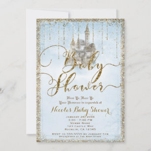 Gold Glitter Storybook Castle Blue Baby Shower  Invitation