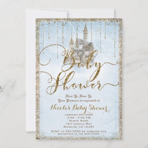 Gold Glitter Storybook Castle Blue Baby Shower  Invitation