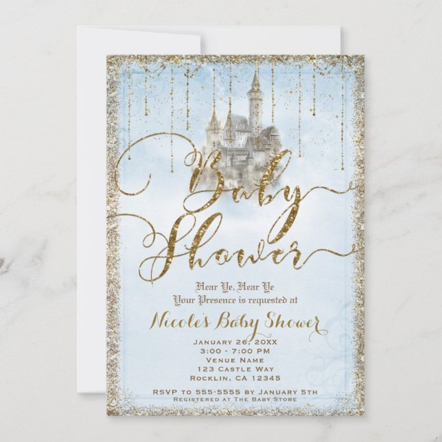 Gold Glitter Storybook Castle Blue Baby Shower  Invitation (Front)