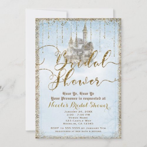 Gold Glitter Storybook Castle Blue Bridal Shower Invitation