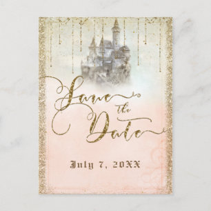 Gold Glitter Storybook Castle Save the Date Announcement Postcard