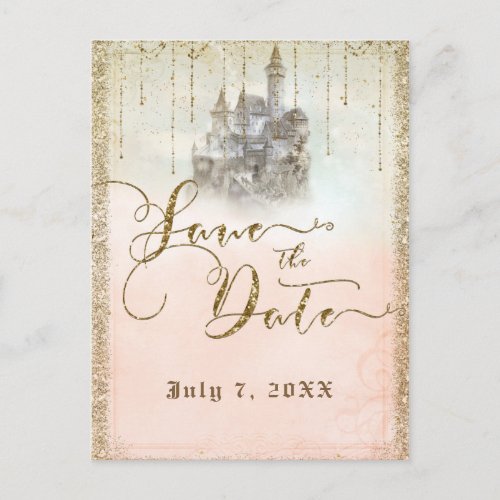Gold Glitter Storybook Castle Save the Date Announcement Postcard
