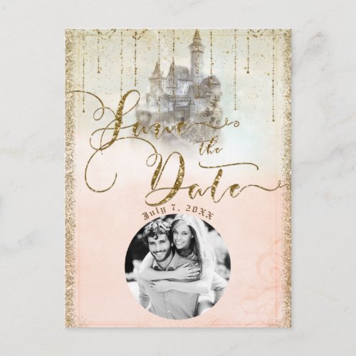 Gold Glitter Storybook Castle Save the Date Photo  Announcement Postcard