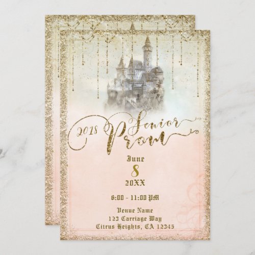 Gold Glitter Storybook Castle Senior Prom 2018 Invitation