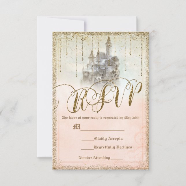 Gold Glitter Storybook Castle Wedding RSVP Reply (Front)