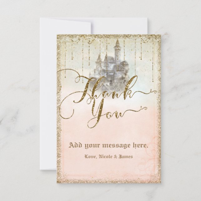 Gold Glitter Storybook Castle Wedding Thank You Card (Front)