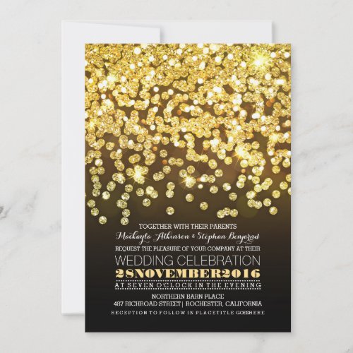gold glitter string lights glam wedding invitation