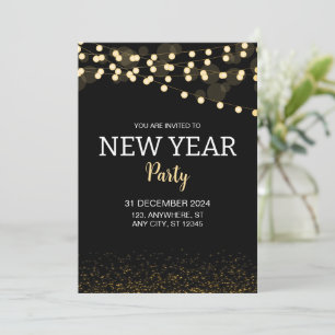 Gold Glitter String Lights New Year's Eve Party Invitation
