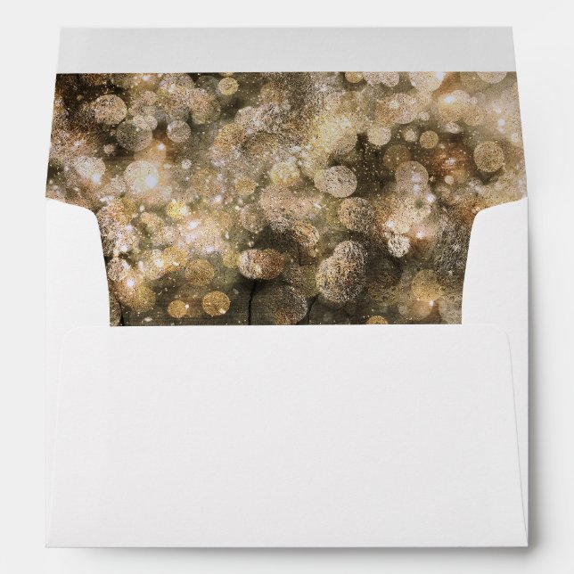 Gold Glitter String Lights Rustic Wedding Envelope (Back (Bottom))