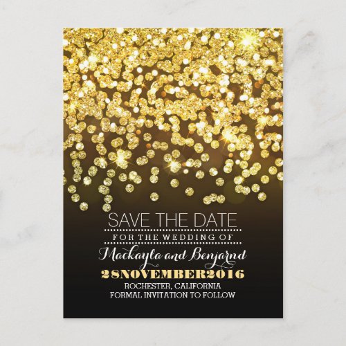 Gold glitter string of lights glitz save the date announcement postcard